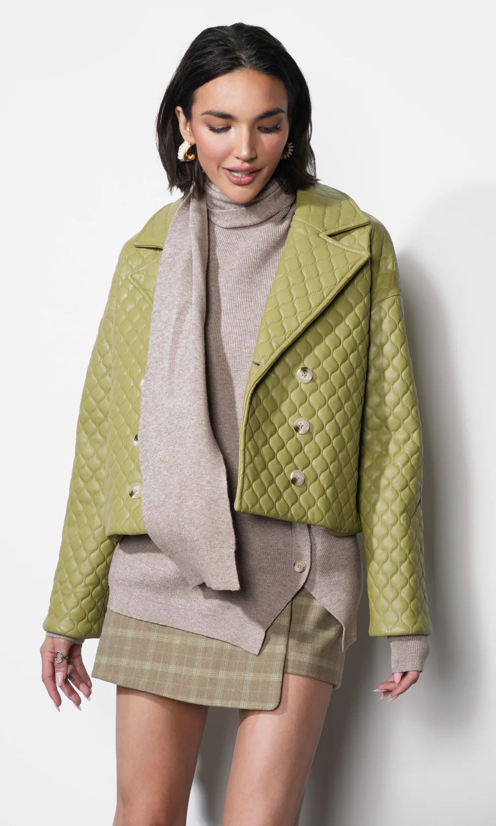 Sandra Quilted Vegan Leather Jacket in Algae Green