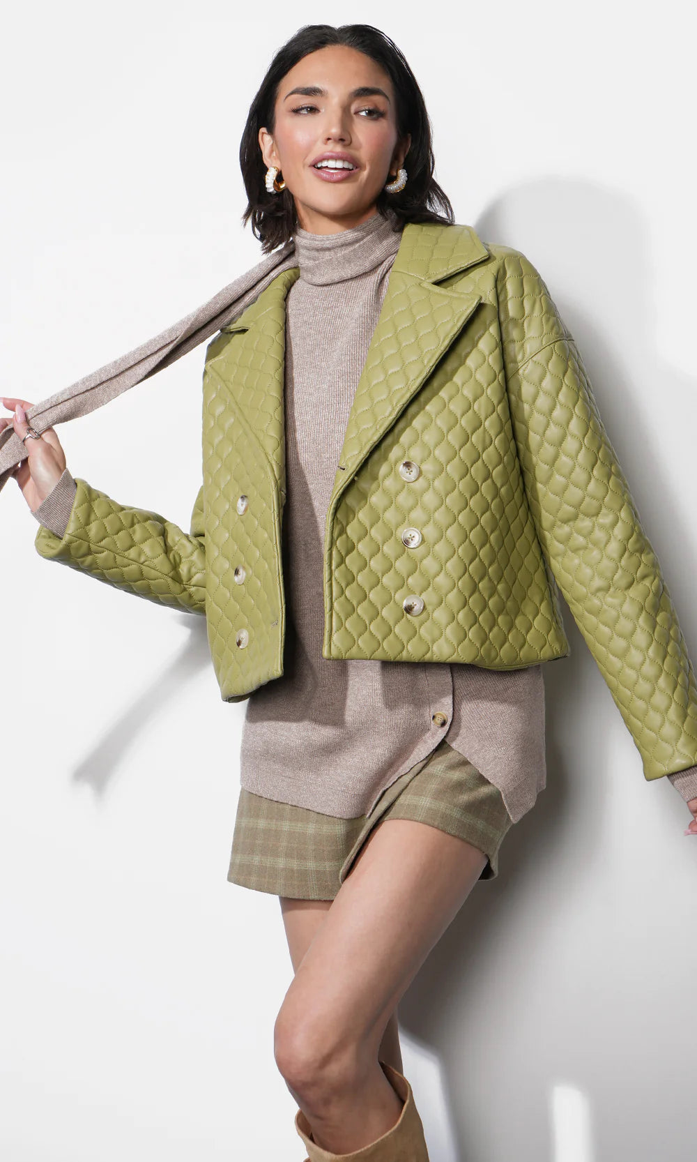 Sandra Quilted Vegan Leather Jacket in Algae Green