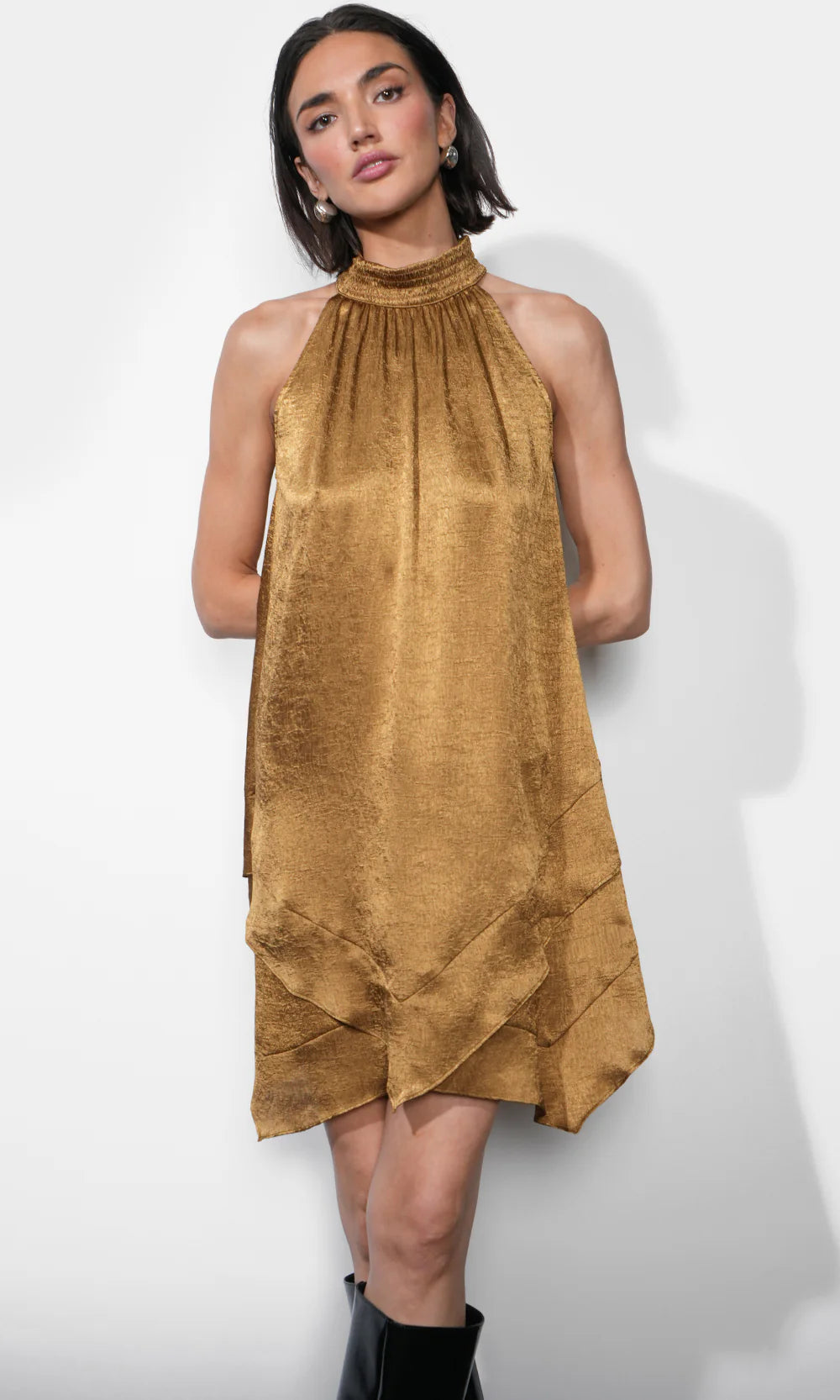 Quinn Tiered Asymmetric Mini Dress in Golden