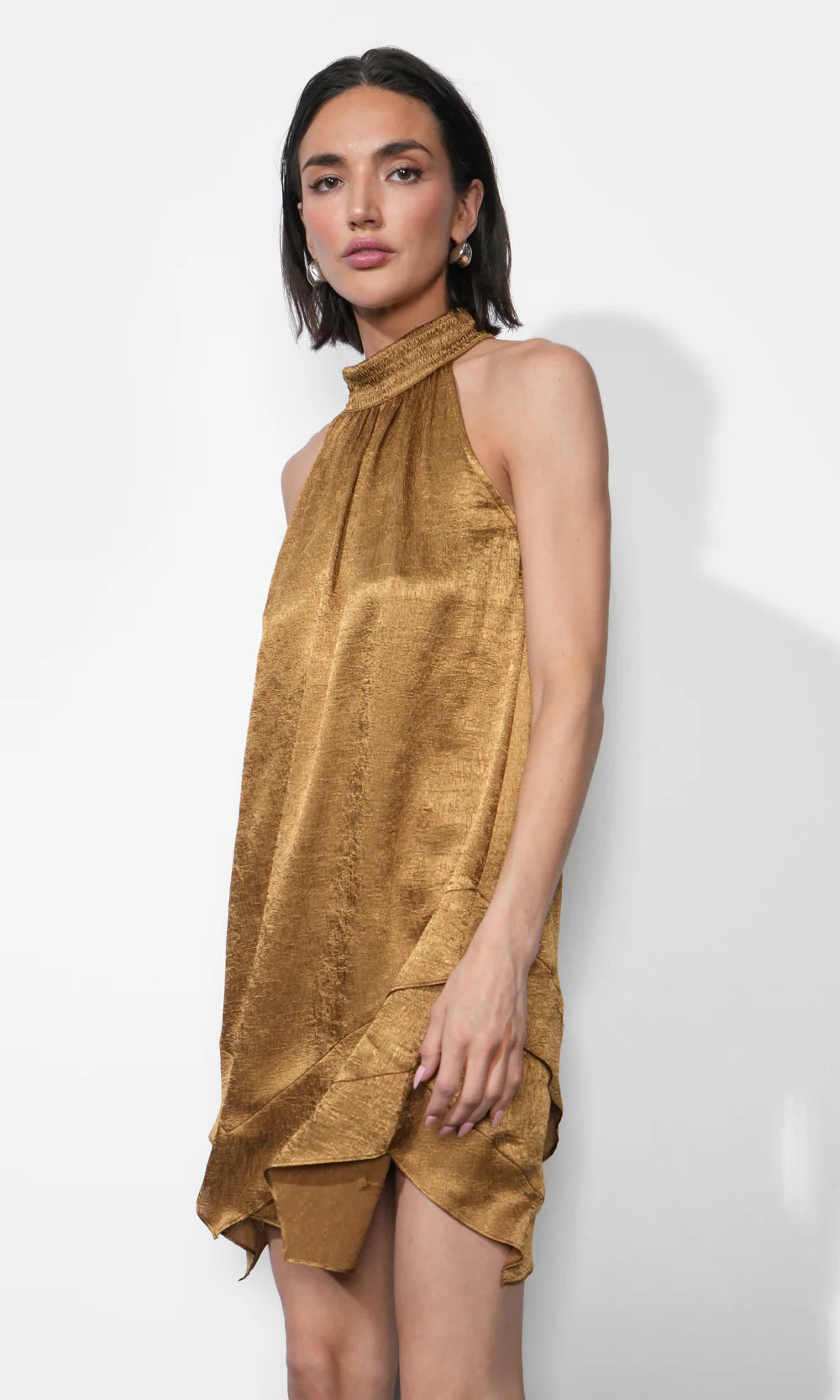 Quinn Tiered Asymmetric Mini Dress in Golden