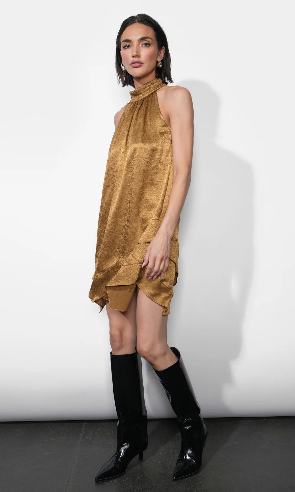 Quinn Tiered Asymmetric Mini Dress in Golden