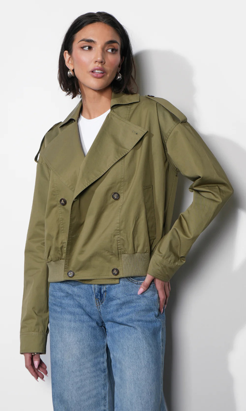 Riley Short Trench w/ Rib Band in Light Olive
