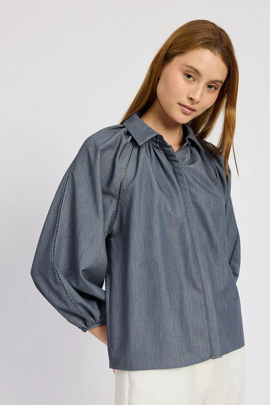 Angeline Raglan Button Front Top in Chambray