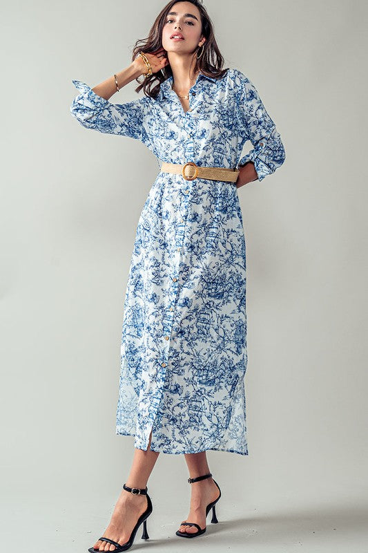 Azure Bloom Floral Shirt Dress in Blue