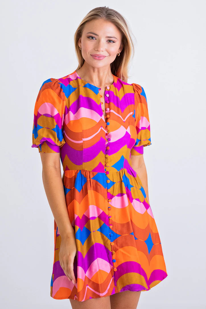 Multi 70's Puff Sleeve Short Dress