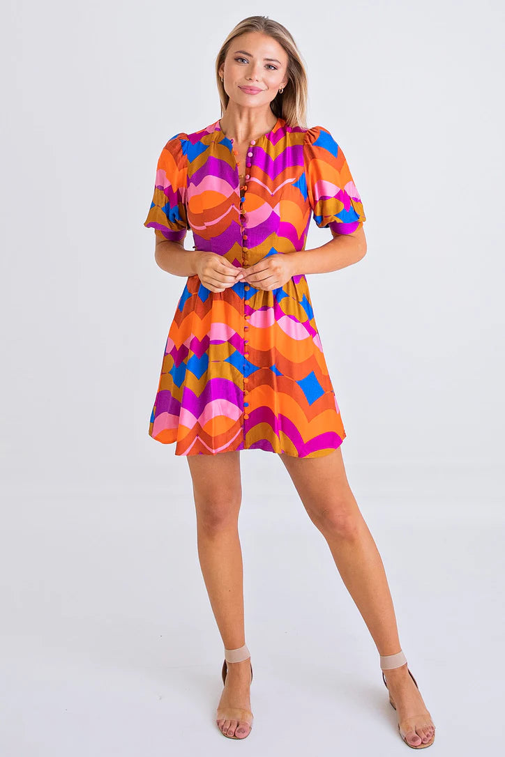 Multi 70's Puff Sleeve Short Dress