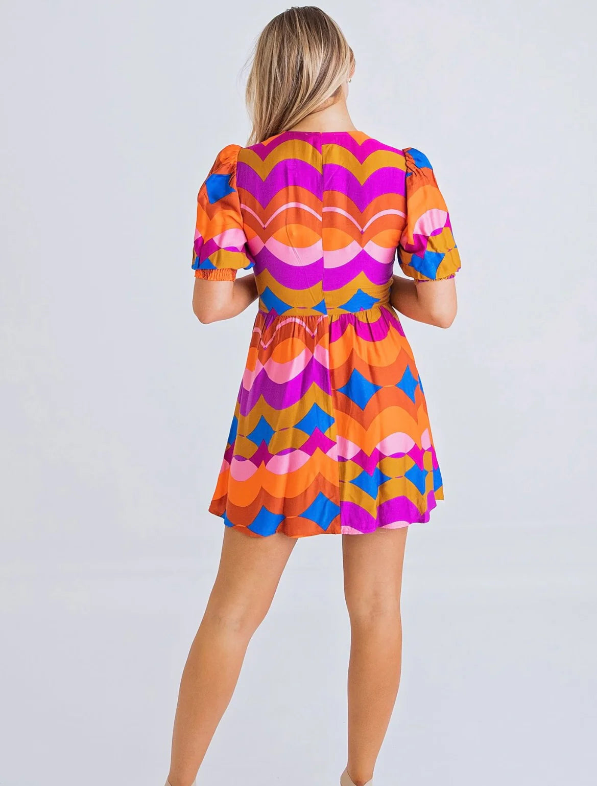 Multi 70's Puff Sleeve Short Dress