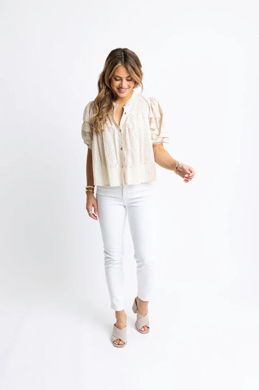 Eyelet Button Puff Sleeve Blouse