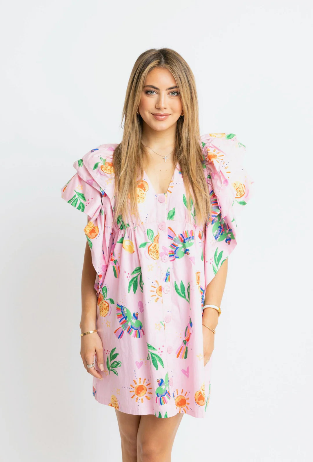 Pink Toucan Fruit Ruffle Sleeve Dress