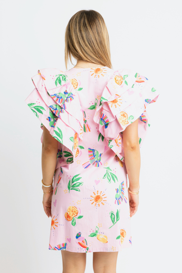 Pink Toucan Fruit Ruffle Sleeve Dress