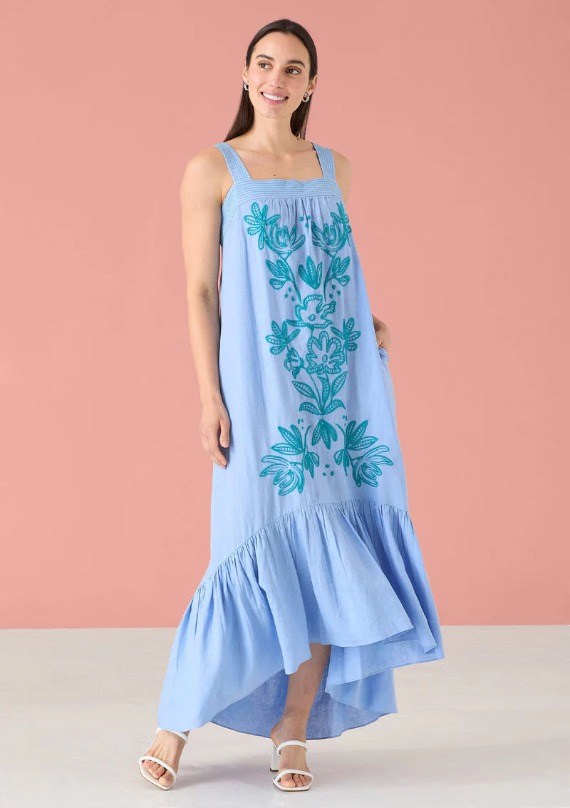 Jane Dress in Sky Blue Floral Embroidery