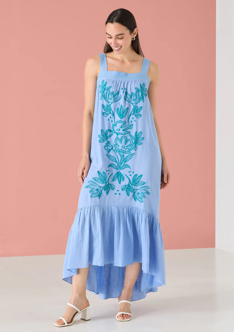 Jane Dress in Sky Blue Floral Embroidery