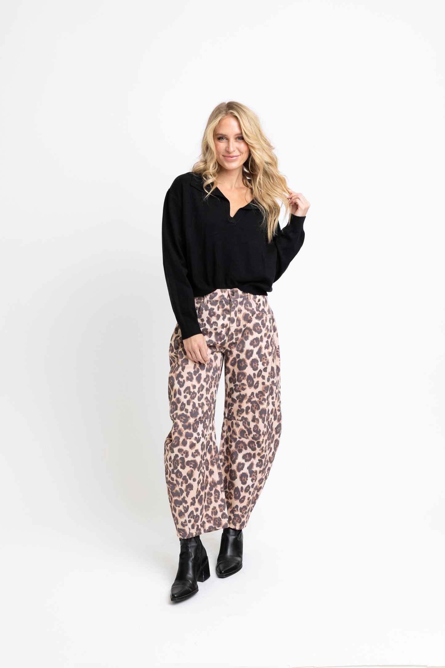 Leopard Denim Barrel Jean