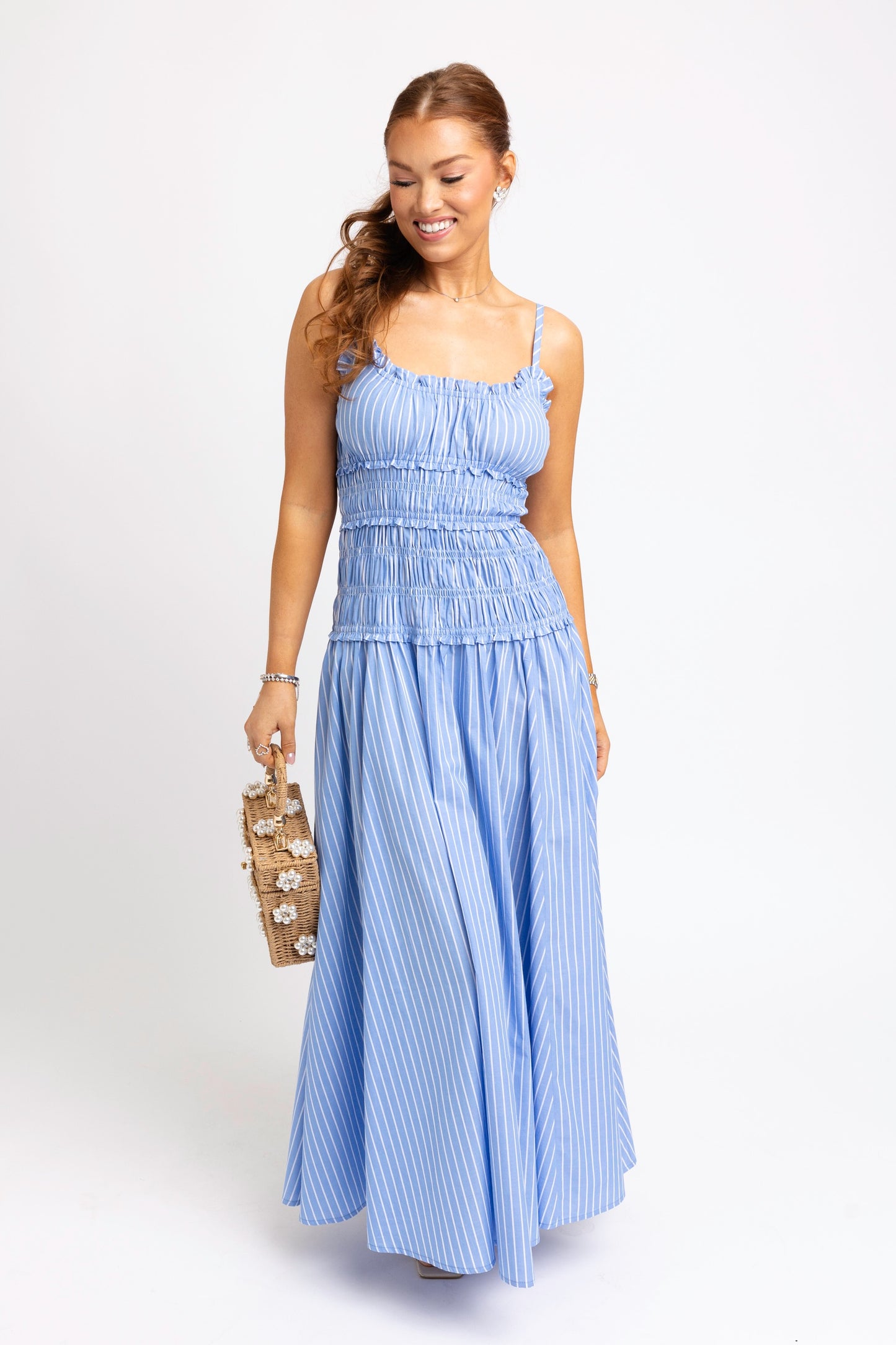 Blue Stripe Poplin Smock Cami Maxi Dress