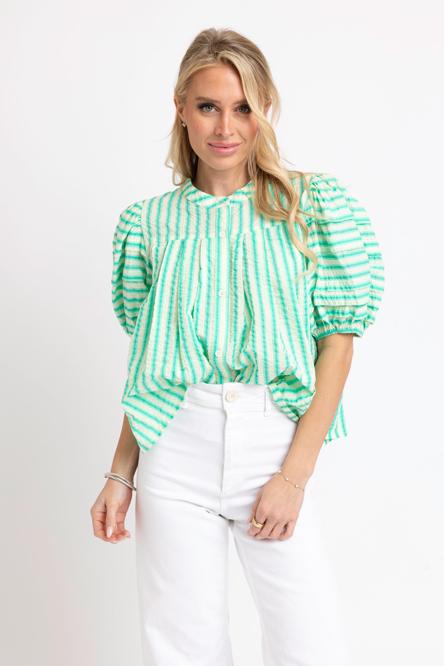 Seersucker Stripe Pleated Puff Sleeve Top