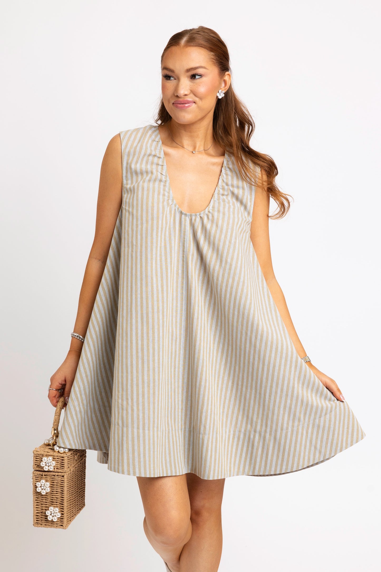 Linen Stripe Scoop Mini Dress
