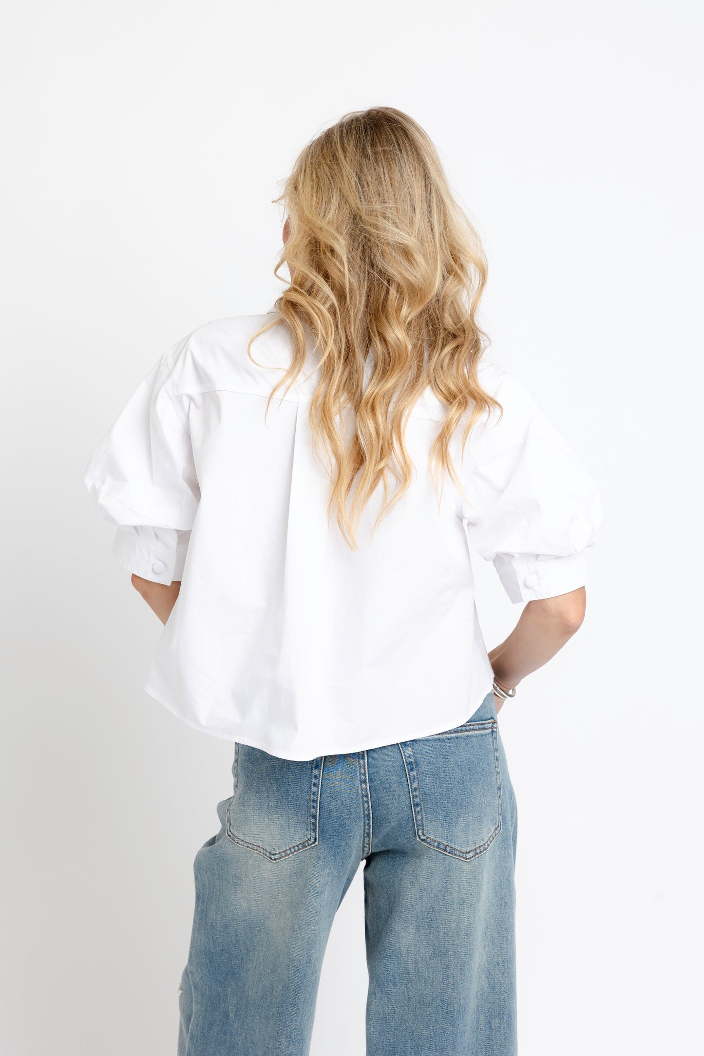Solid Poplin Puff Sleeve Button Top
