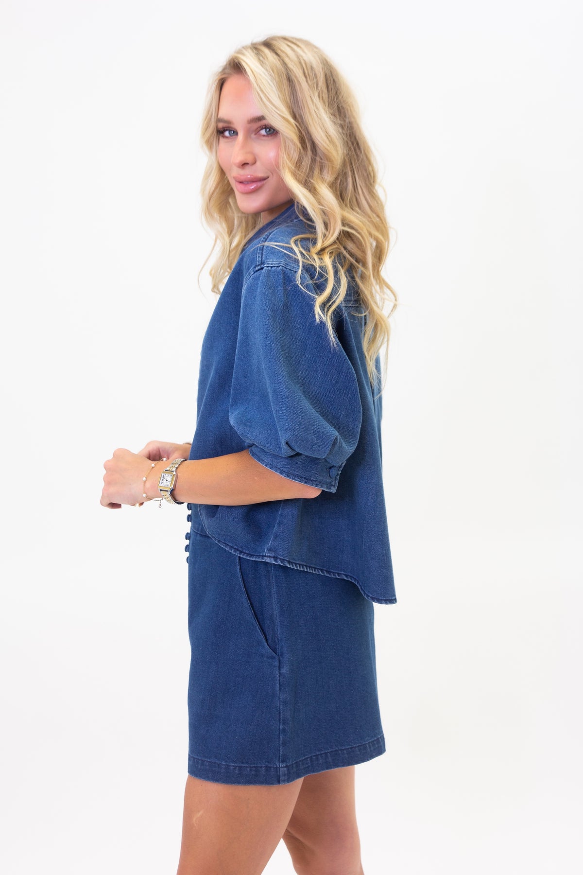Denim Puff Sleeve Button Top