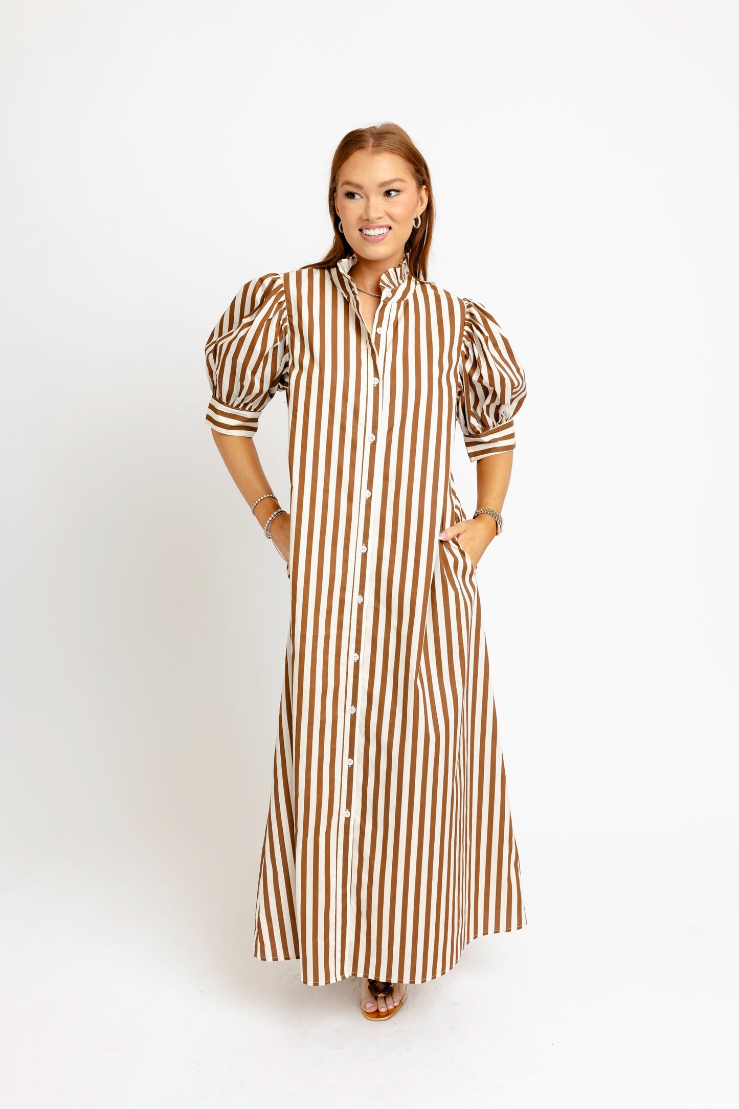Stripe Ruffle Neck Maxi Shirt Dress