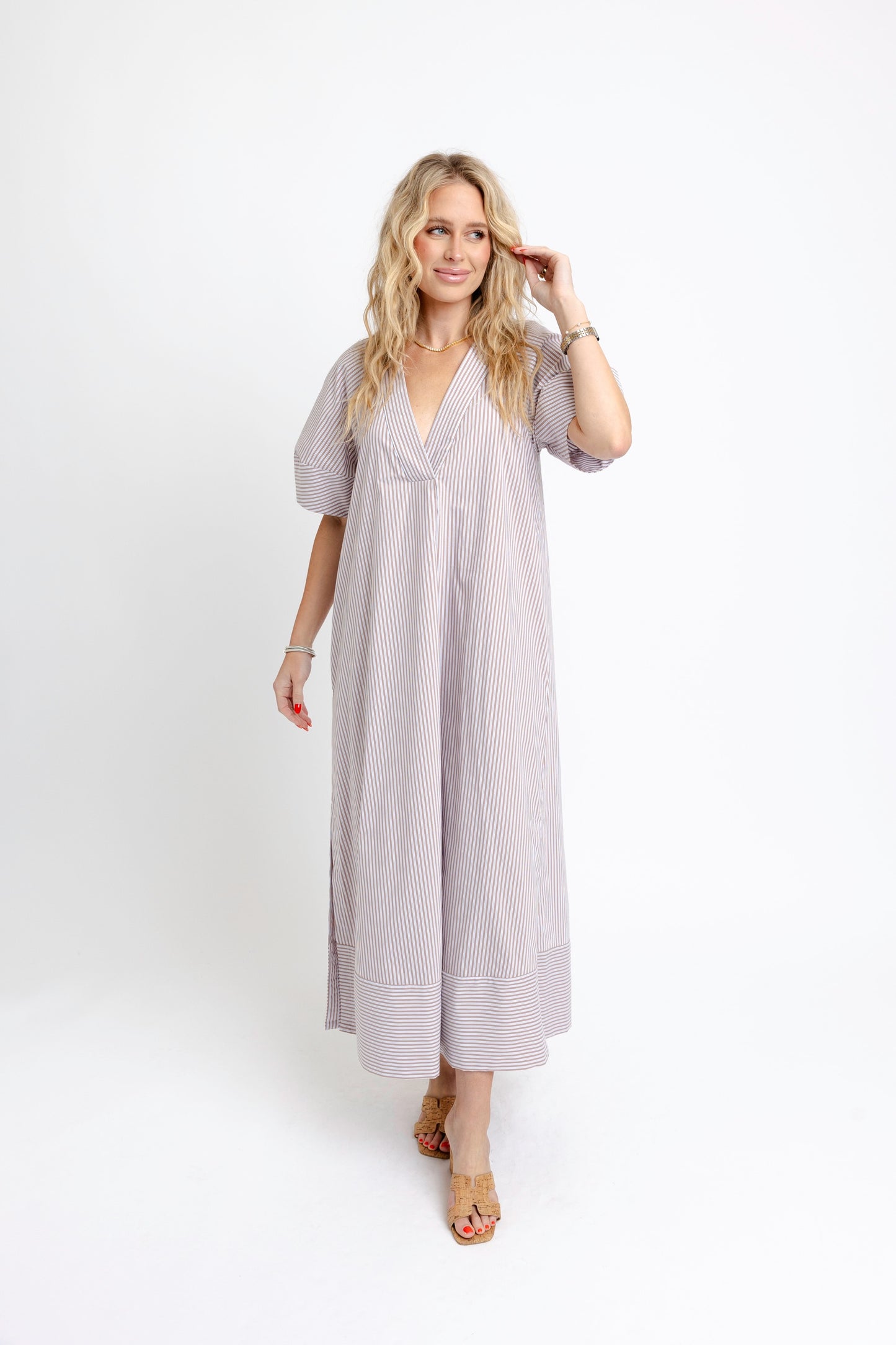 Stripe Poplin VNeck Signature Maxi Dress
