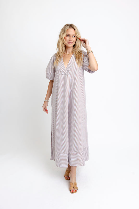 Stripe Poplin VNeck Signature Maxi Dress