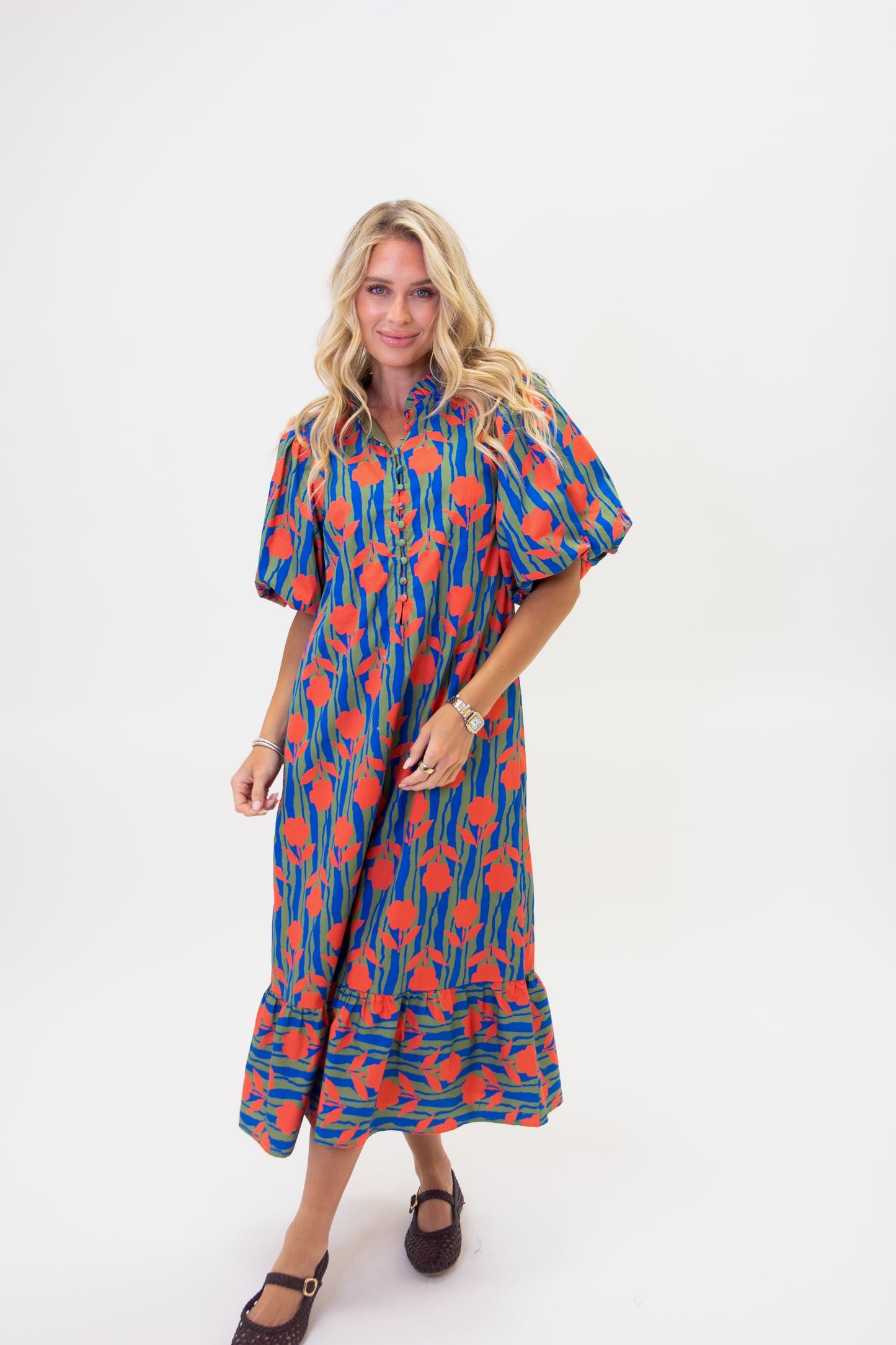 Stripe Mod Floral Puff Sleeve Maxi