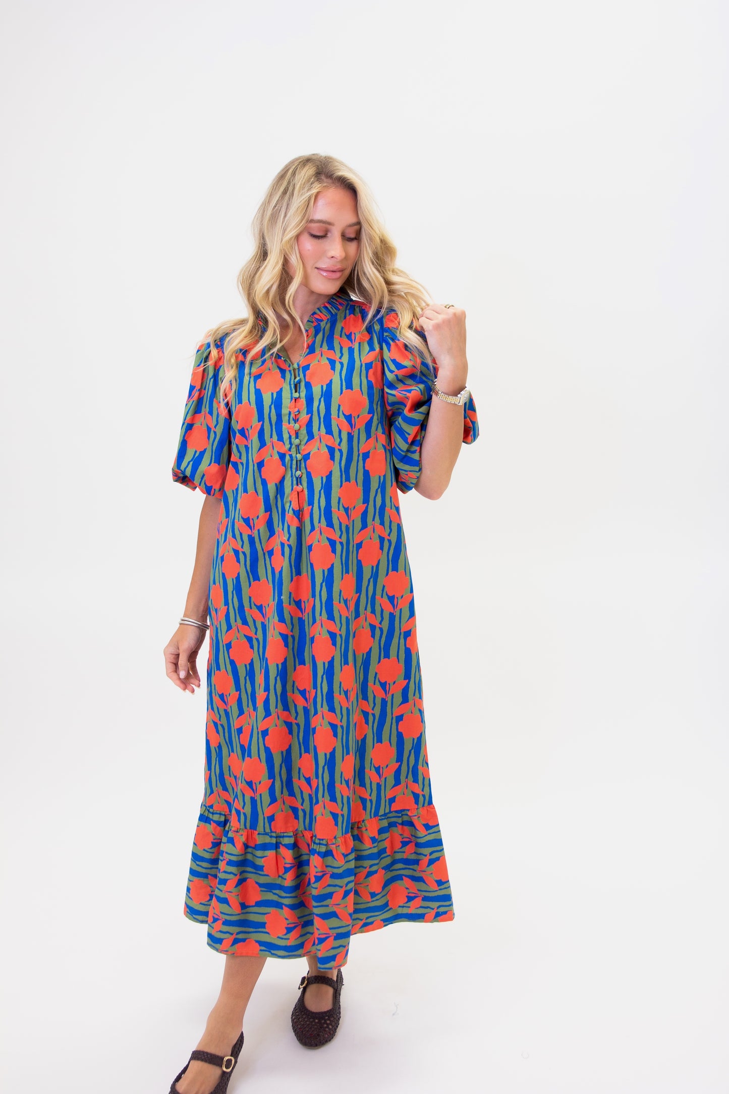 Stripe Mod Floral Puff Sleeve Maxi