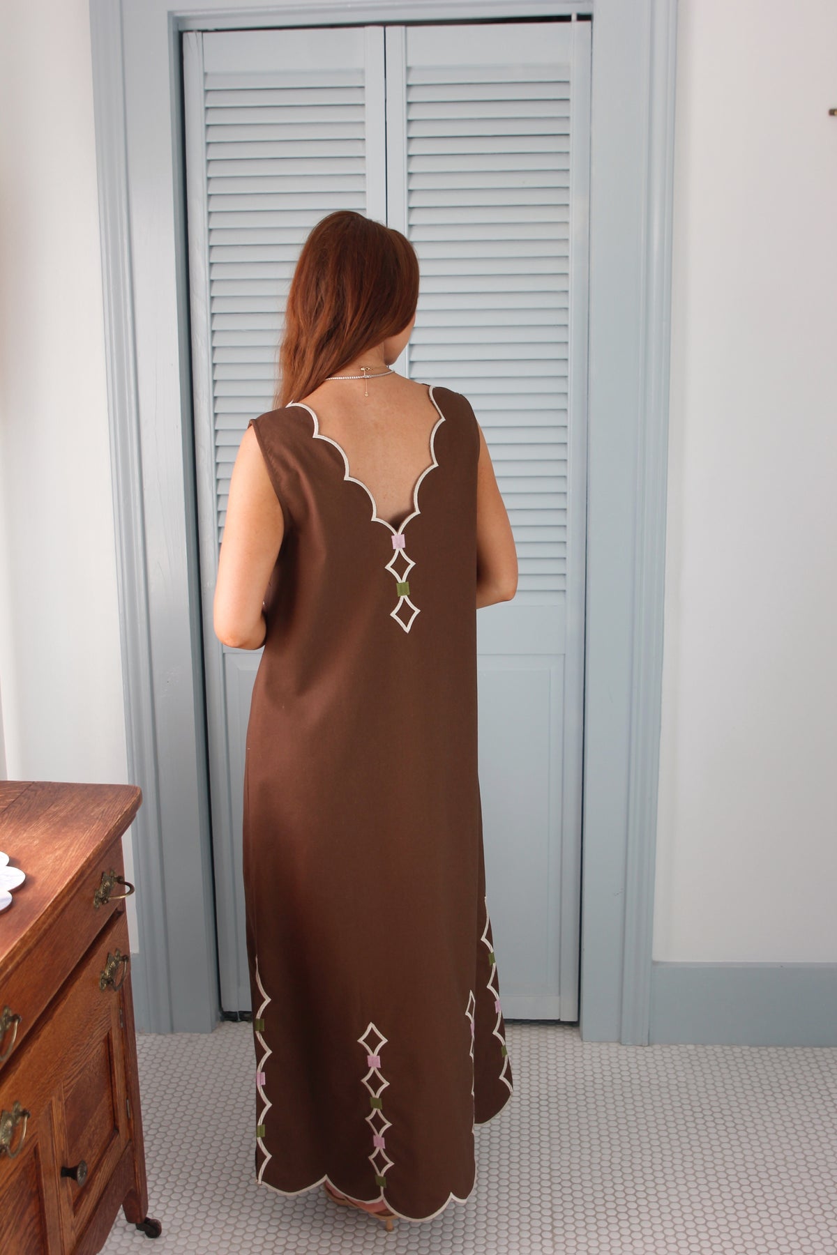 Solid Embroidered Scallop Midi Dress