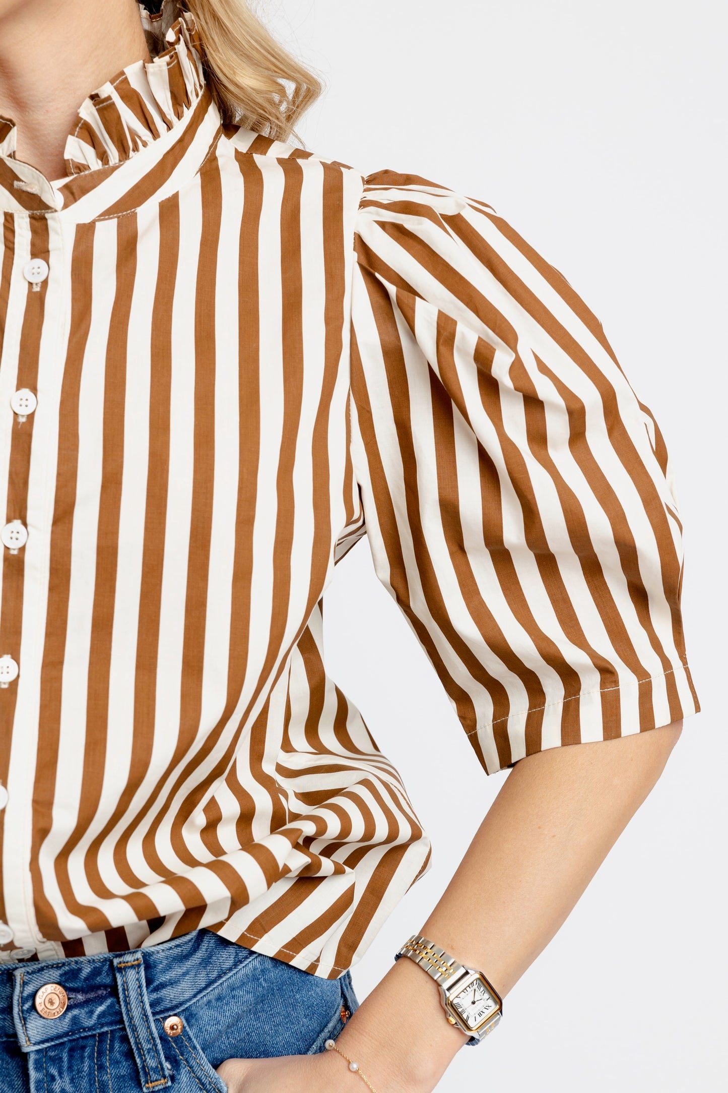Stripe Ruffle Neck Button Up Top in Brown