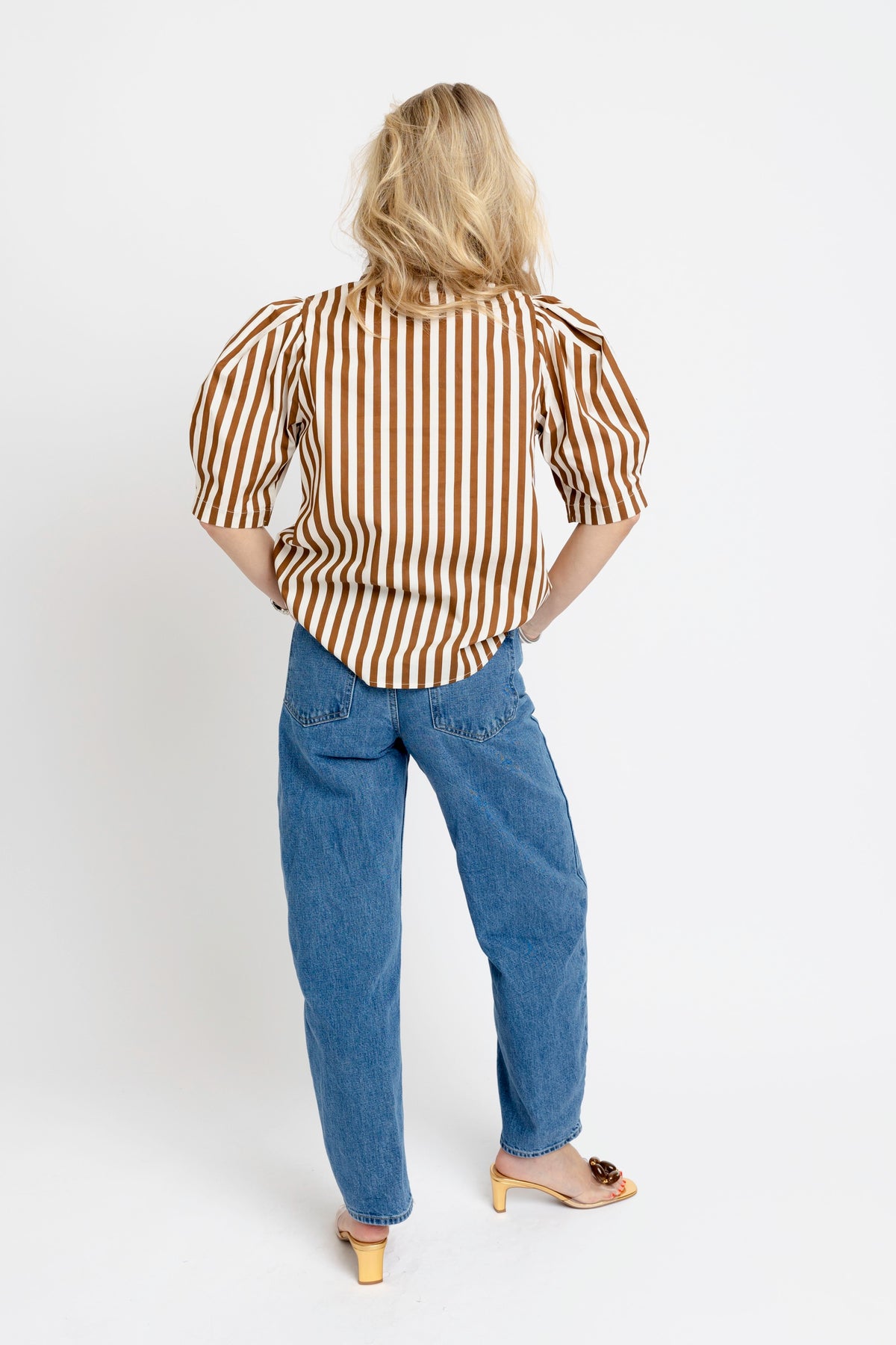 Stripe Ruffle Neck Button Up Top in Brown