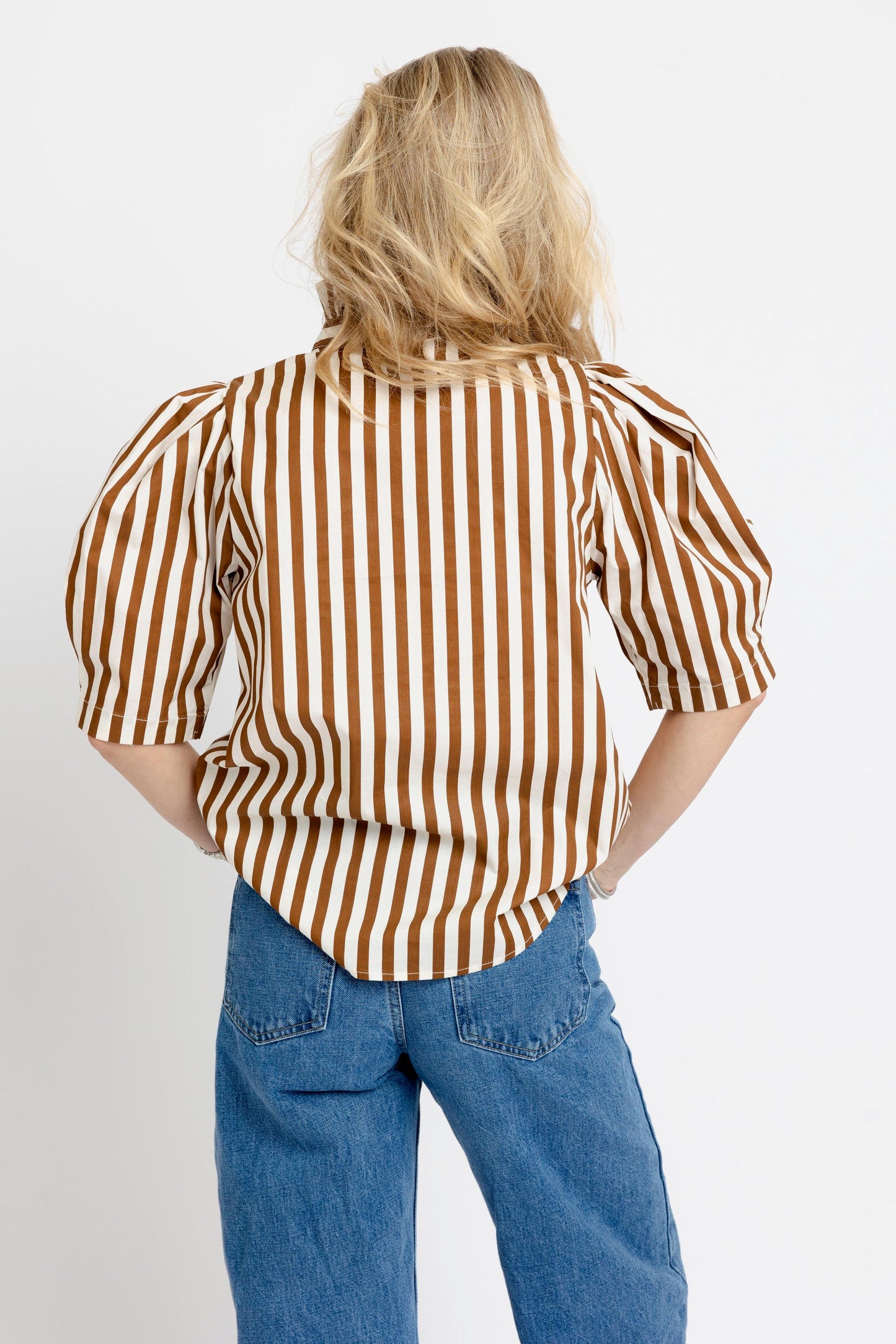 Stripe Ruffle Neck Button Up Top in Brown