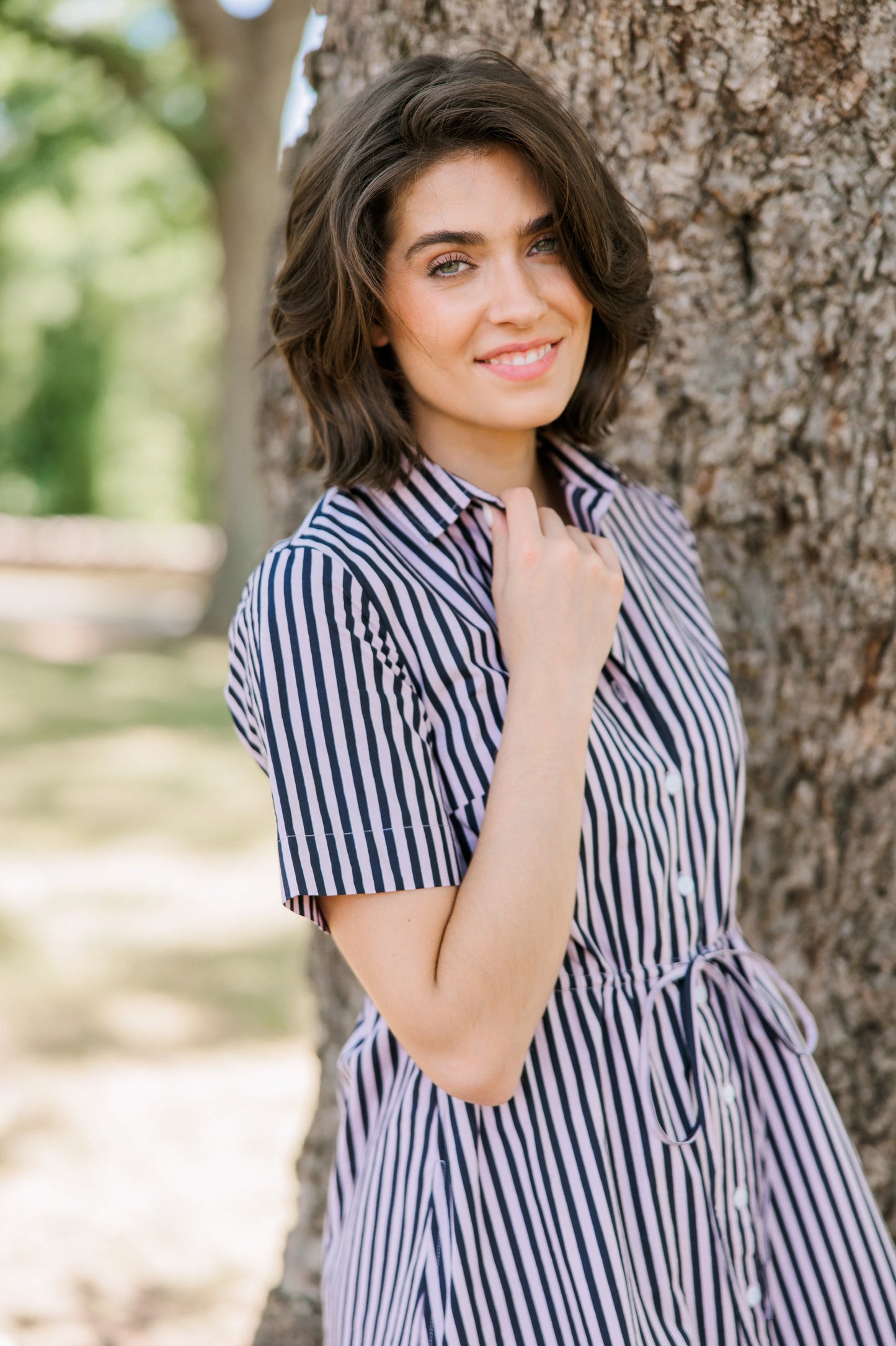 Summit Dress in Lilac Pinstripe
