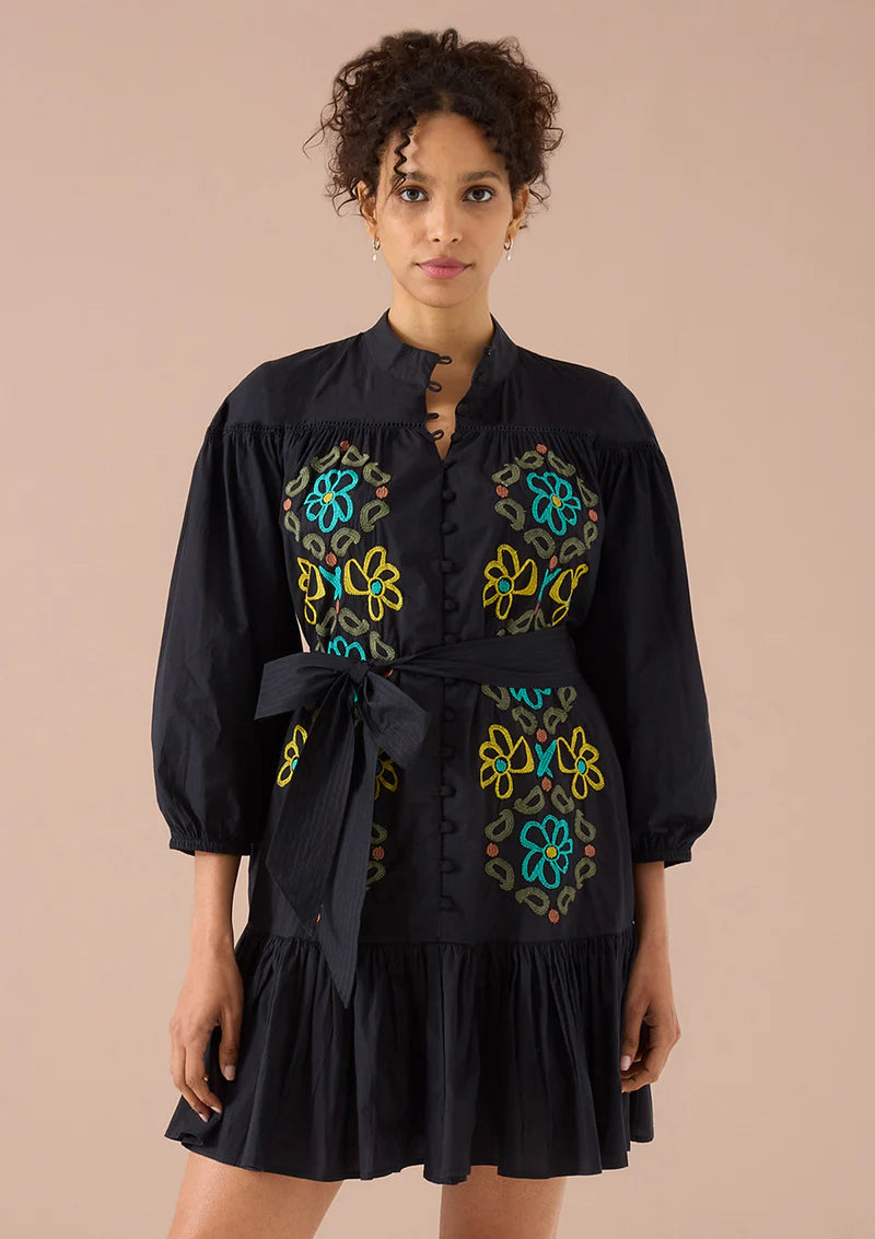 Lori-Anne Dress in Black Floral Embroidery