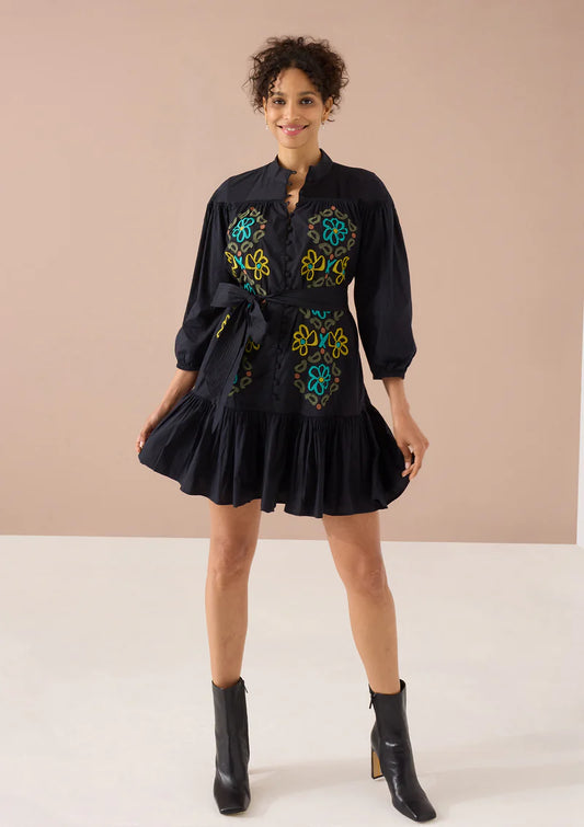 Lori-Anne Dress in Black Floral Embroidery