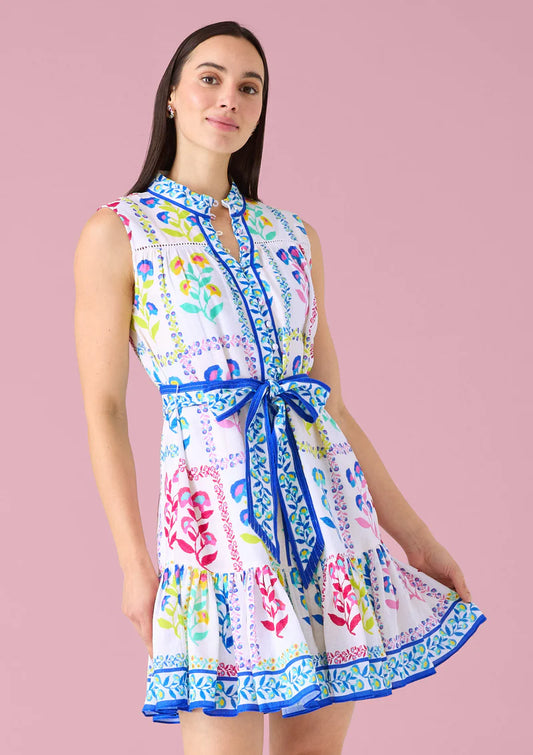 Lorina Dress in White Multi Floral Stamp