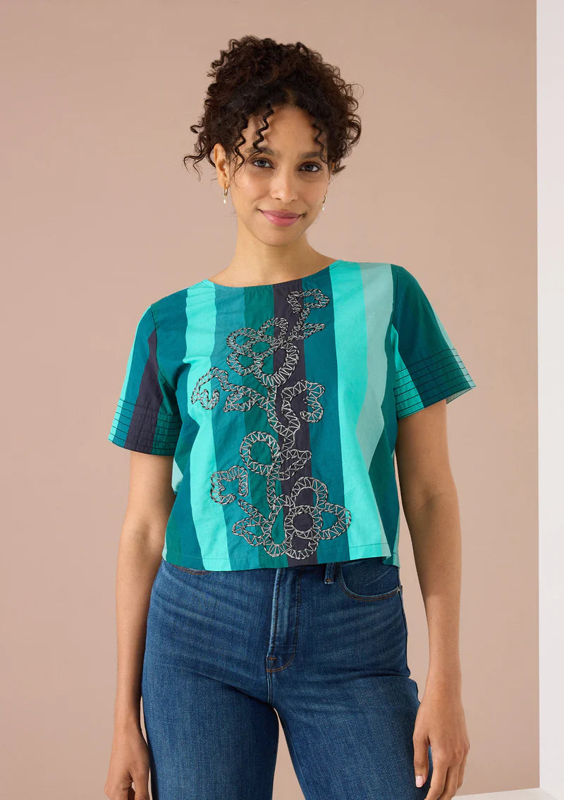 Lynn Top in Emerald Opulent Embroidered Stripe