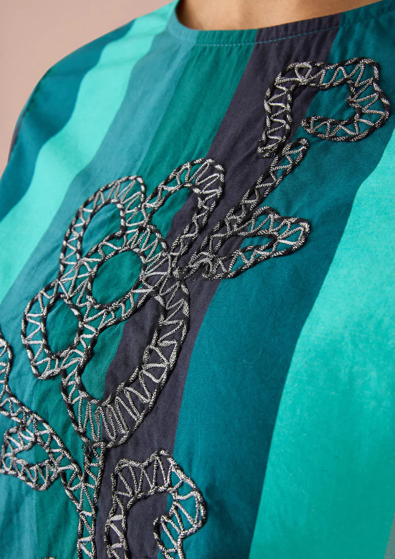 Lynn Top in Emerald Opulent Embroidered Stripe