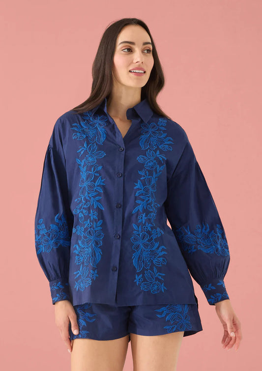 Micah Shirt in Navy Floral Embroidery