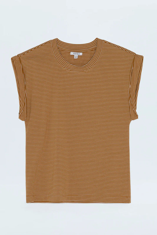 Olivia Twisted Sleeve Tee in Dark Rum Stripe