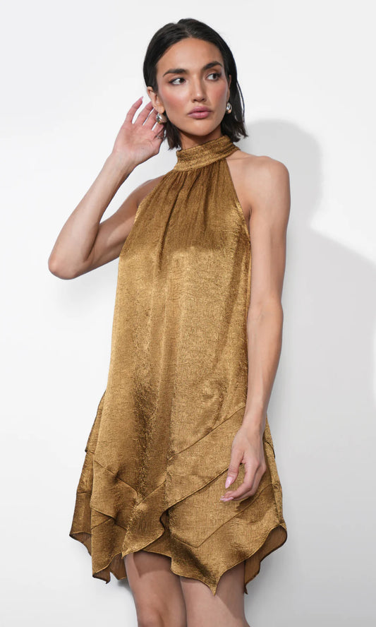 Quinn Tiered Asymmetric Mini Dress in Golden