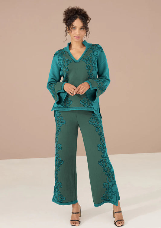 Reese Knit Pant in Teal Opulent Floral Jacquard