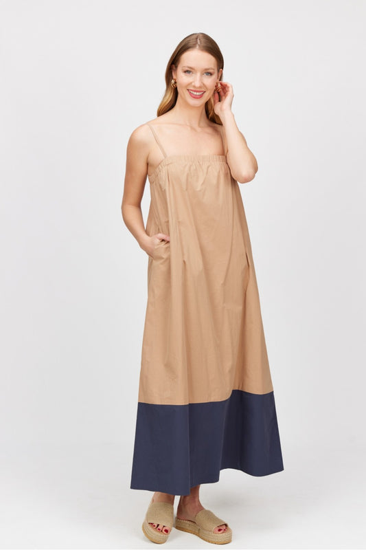 Poplin Colorblock Maxi Dress in Taupe