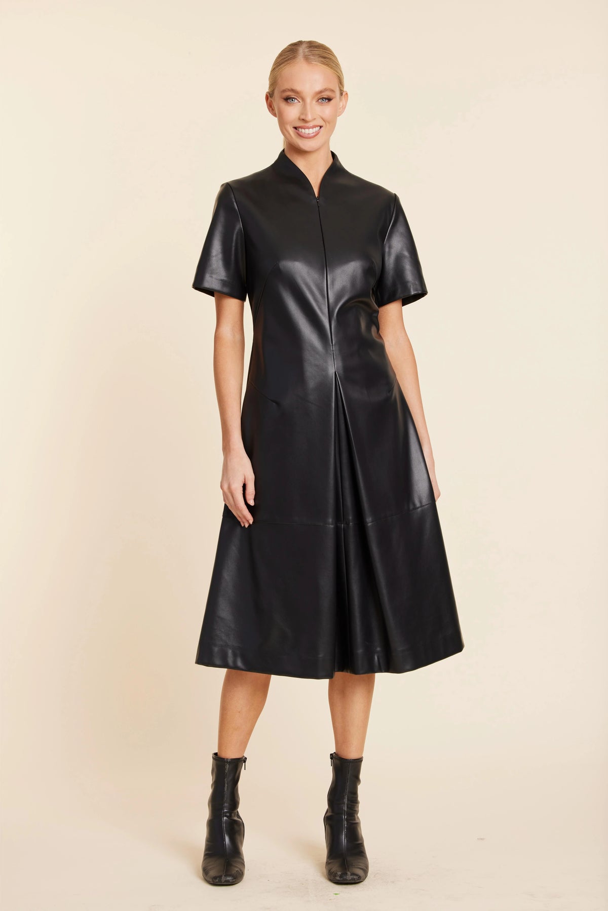 Vegan Leather Inverted Pleat Dress