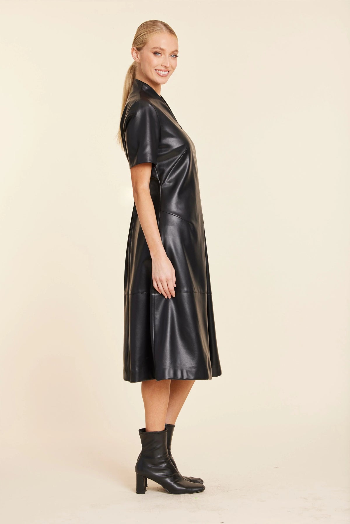 Vegan Leather Inverted Pleat Dress