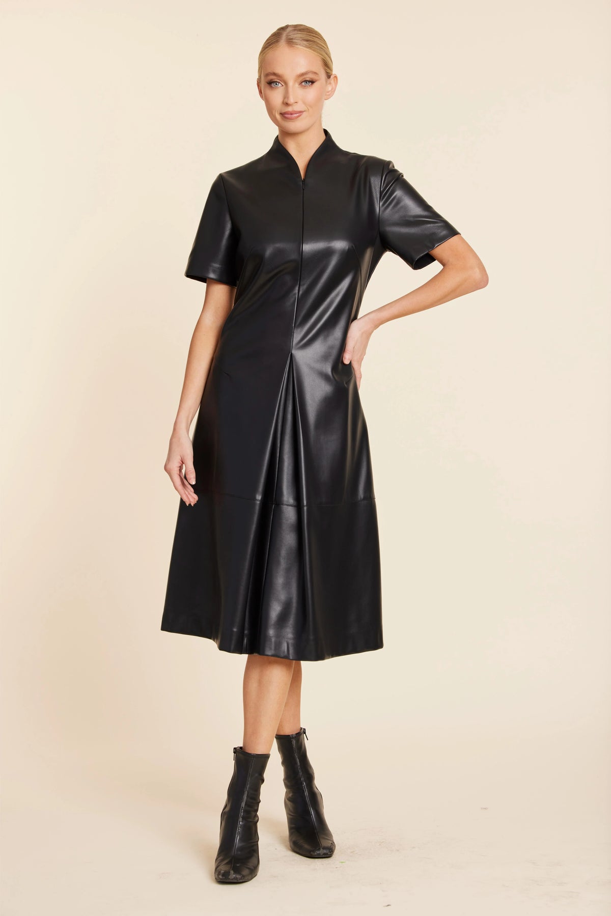 Vegan Leather Inverted Pleat Dress