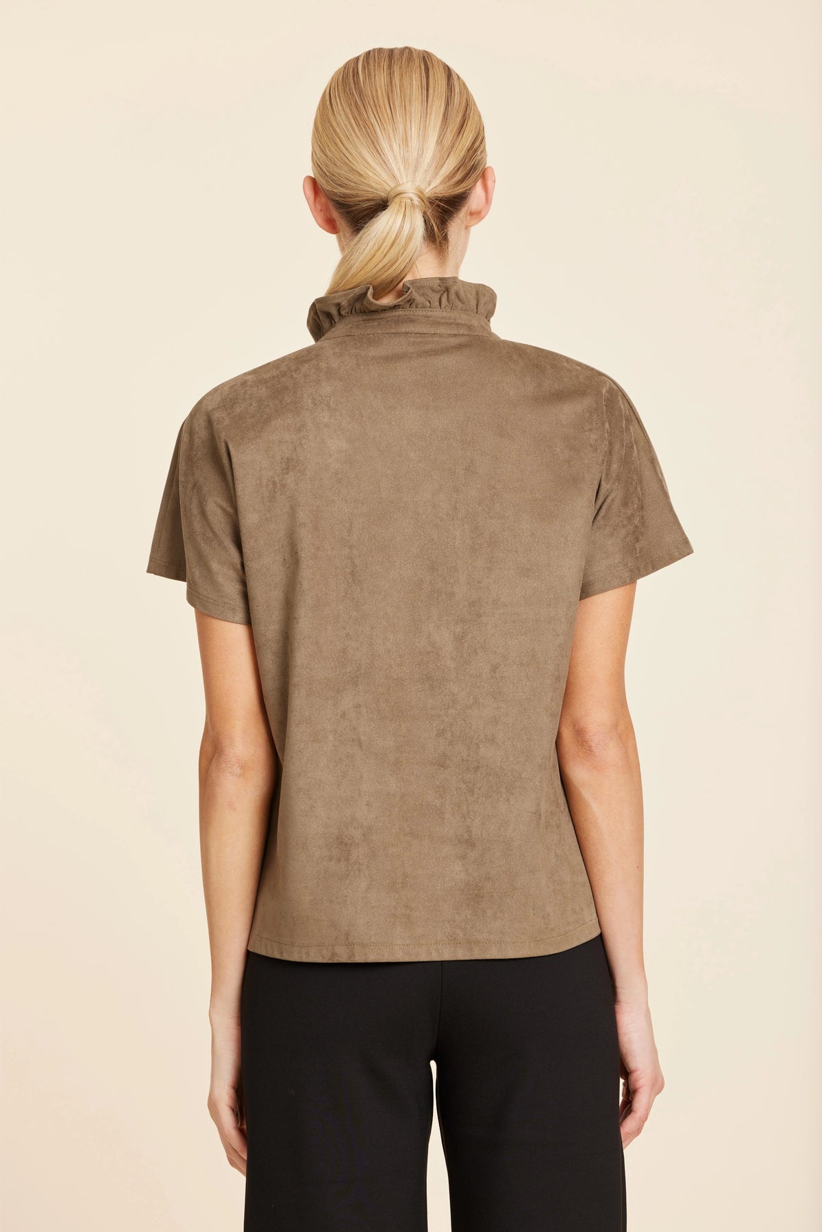 Faux Suede Ruffle Collar Top