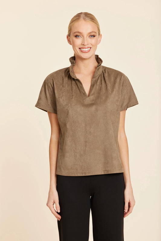 Faux Suede Ruffle Collar Top