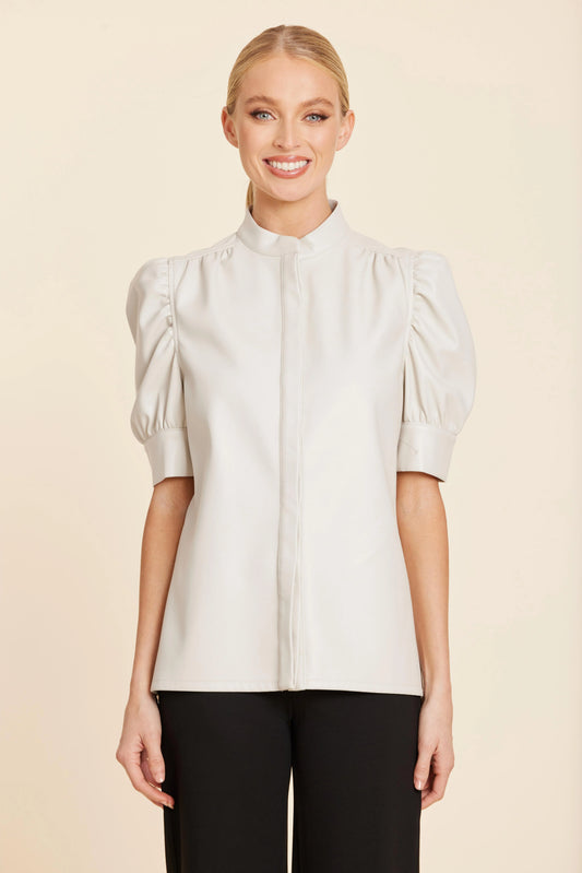 Faux Leather Placket Front Ruched Sleeve Top