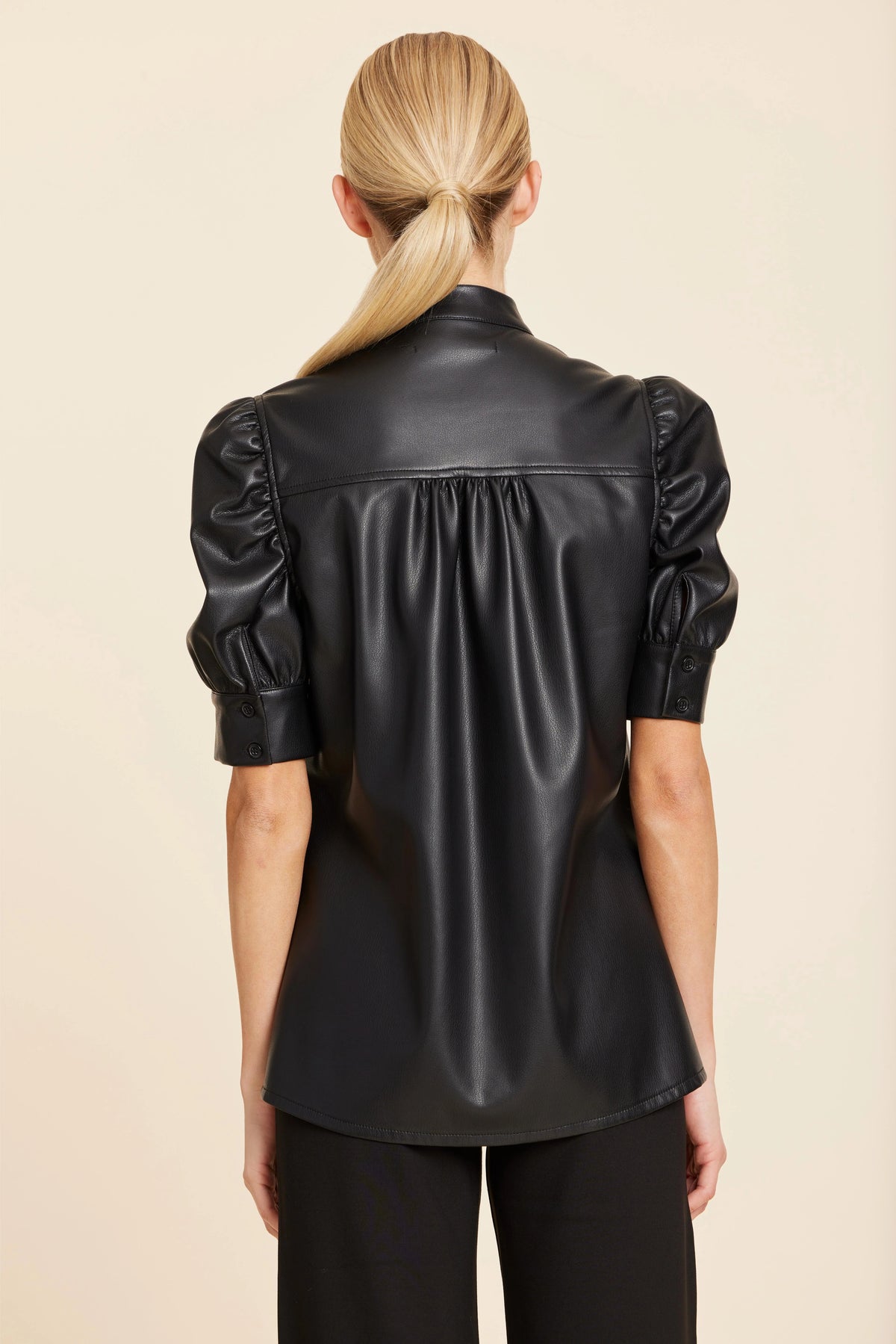 Faux Leather Placket Front Ruched Sleeve Top