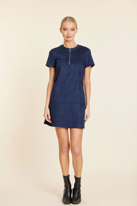 Faux Suede Zip Up Short Sleeve Dress